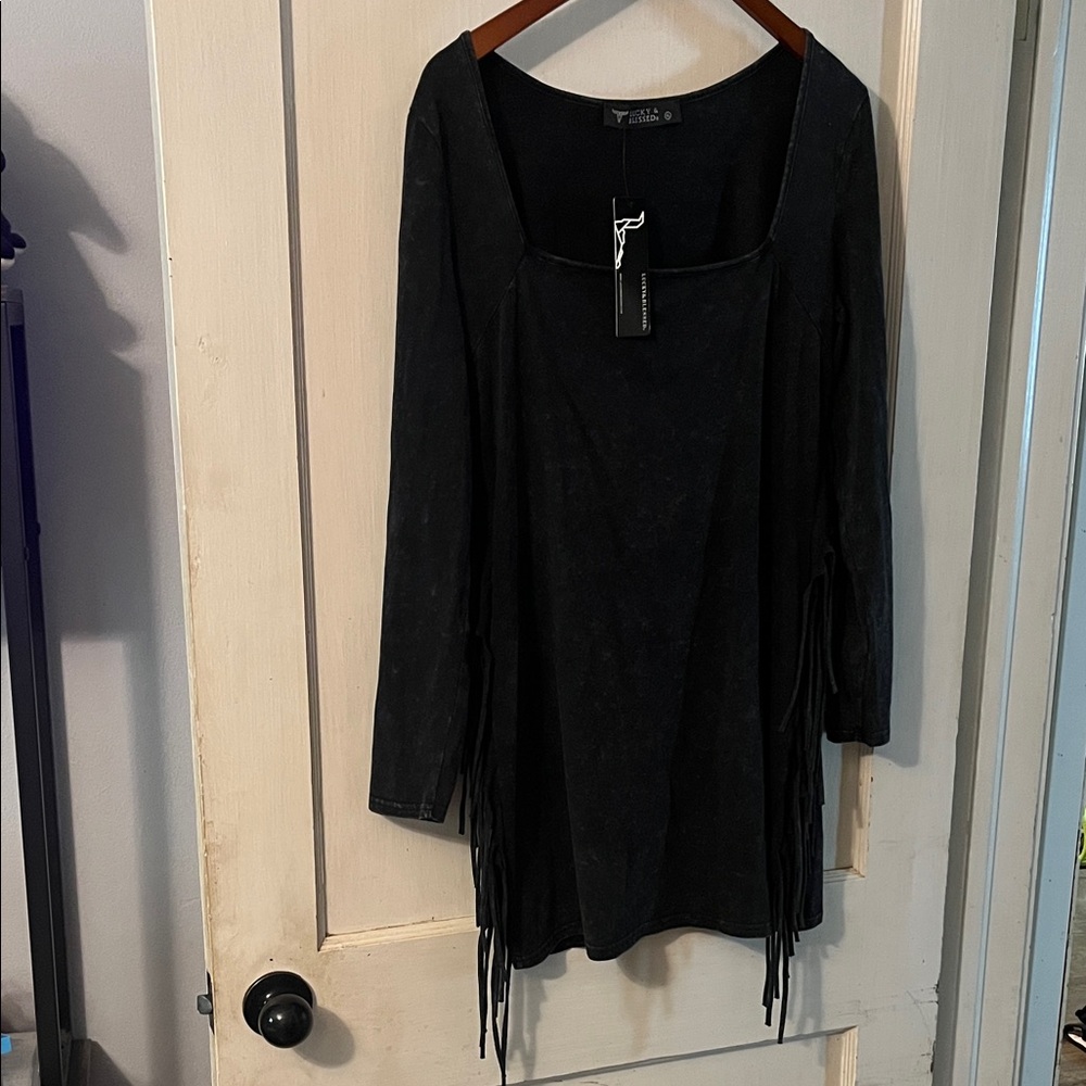 Lucky & Blessed Black Fringe Long-Sleeve Dress XL